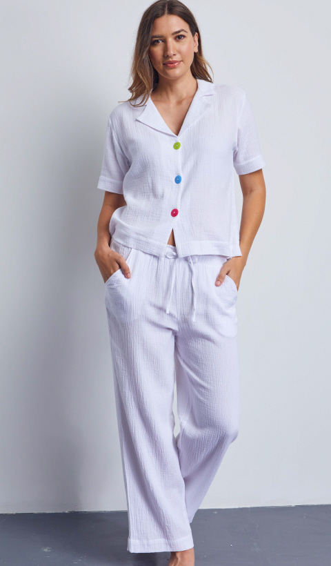 Cottonreal 100% Cotton Muslin Bright Button Up Short Sleeve